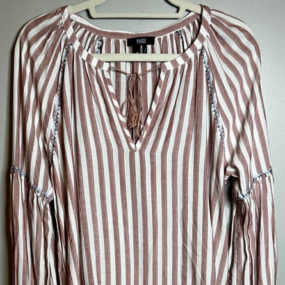Paige Jovannie Blouse Split Neck Stripe Balloon Sleeve Size M